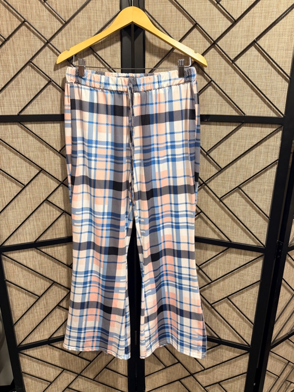 Plaid Elastic Waistband Wide-Leg Flare Pull-On Stretchy Pants Blue & Pink - 2XL
